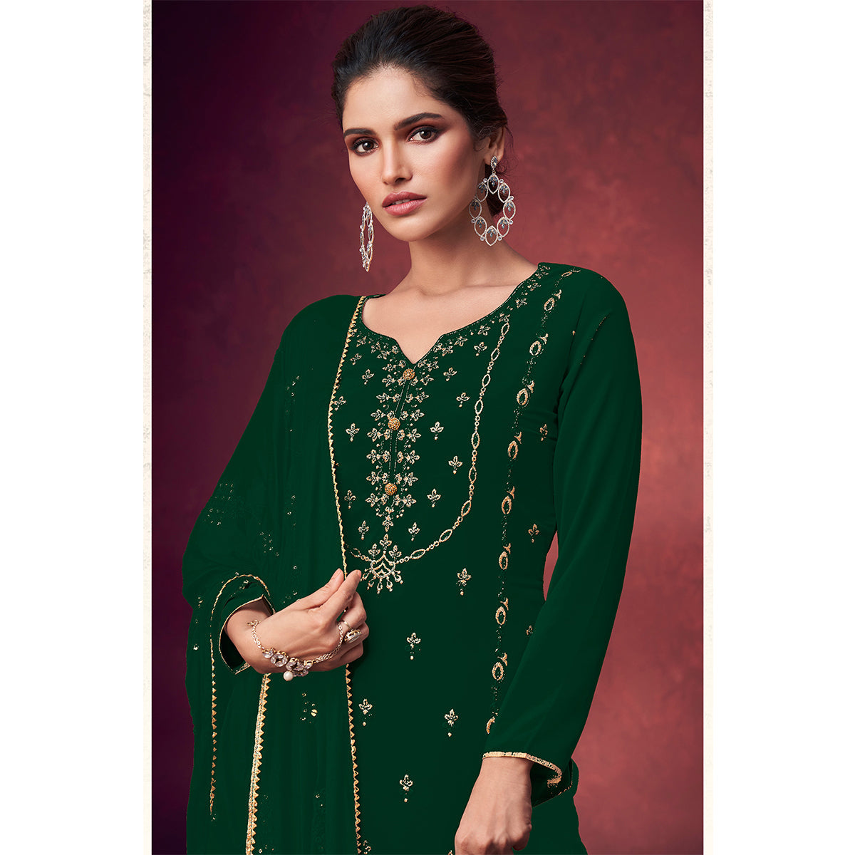 Green Color Georgette Heavy Multy Thred Semi Stitched Suits